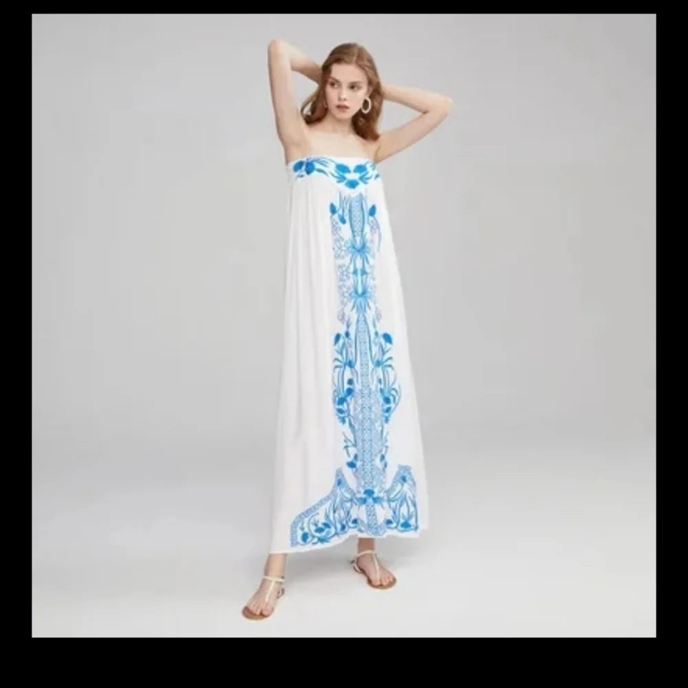 Chic White and Blue Strapless Maxi Dress - Picture 1 of 16
